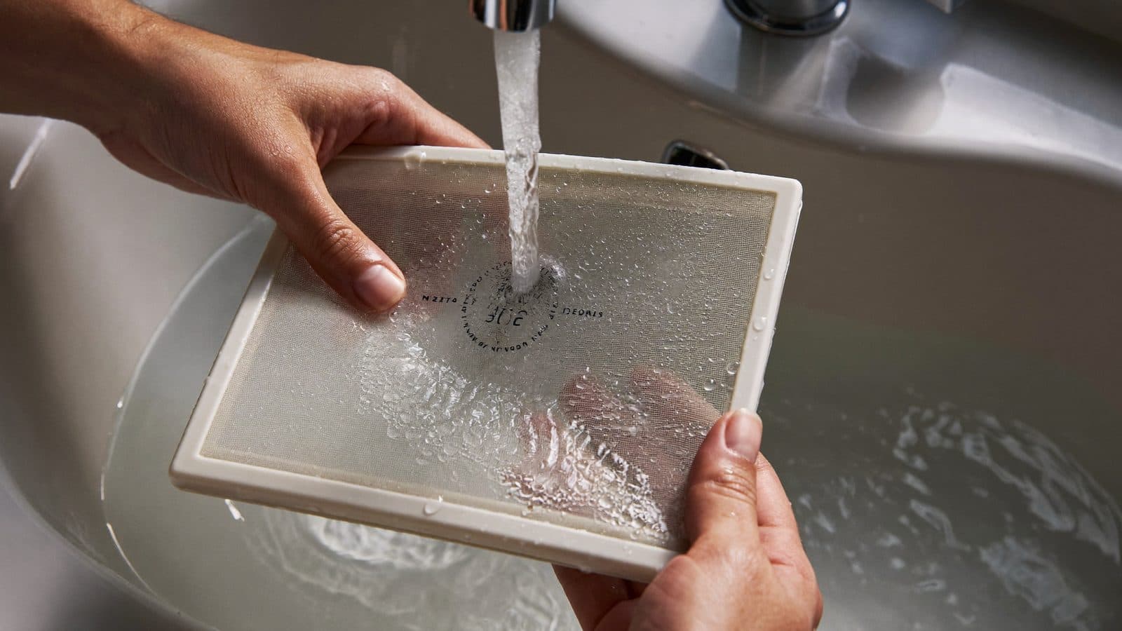 Handen spoelen het gaasfilter van een split-airco af onder lauw stromend water