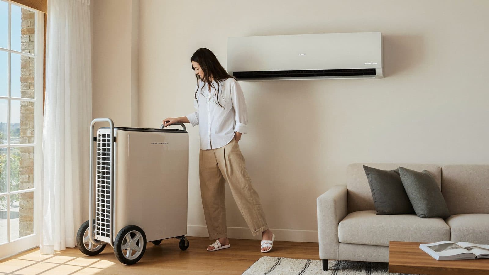 Vrouw vergelijkt een mobiele huurairco met een vaste split-airco in een Nederlandse woonkamer