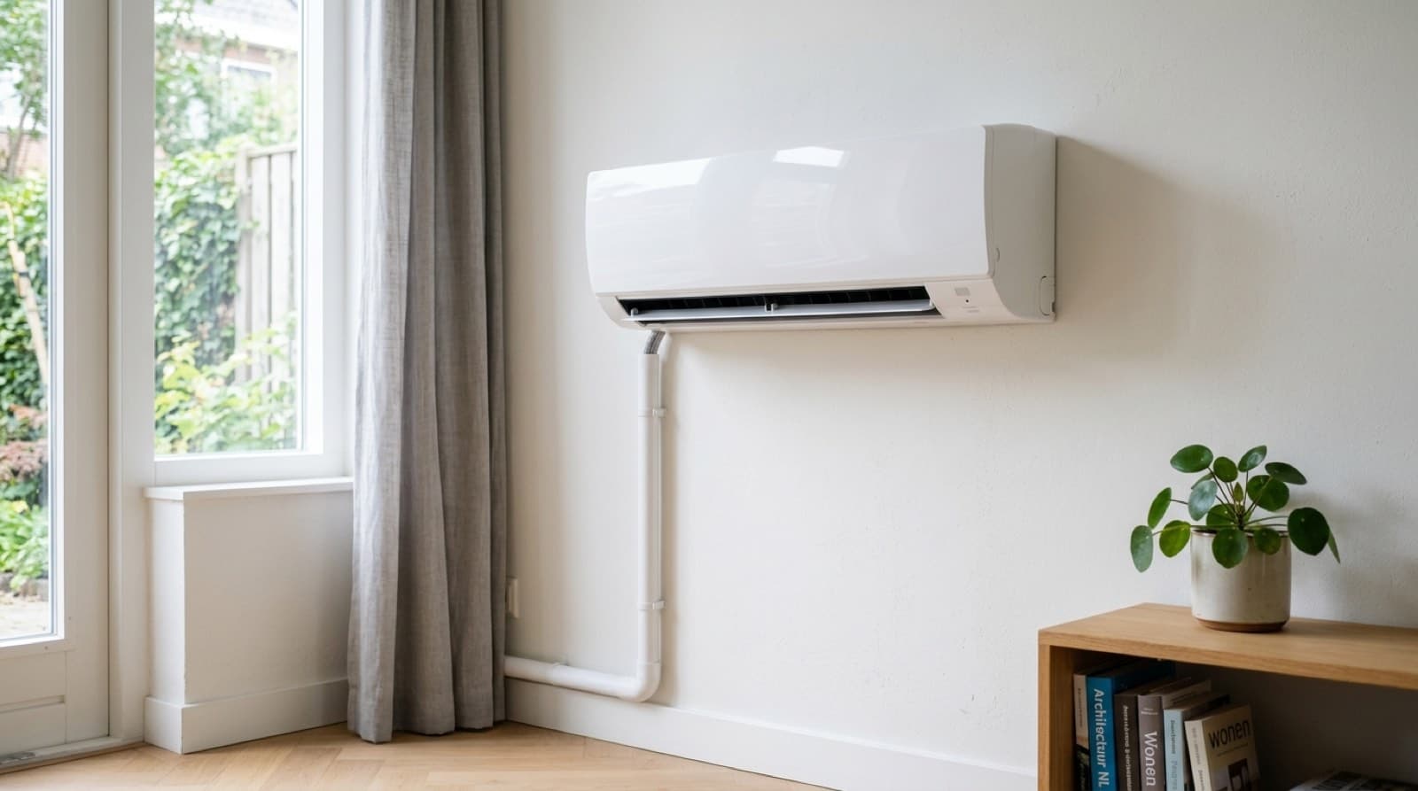 Binnenunit van een airco met condensafvoer in een woonkamer