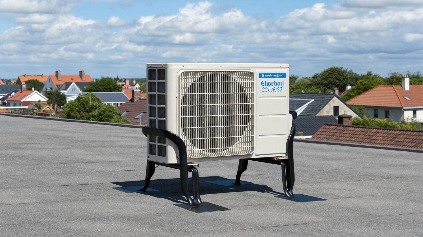 Airco-buitenunit op een console met trillingsdempers op het platte dak van een Nederlandse woning