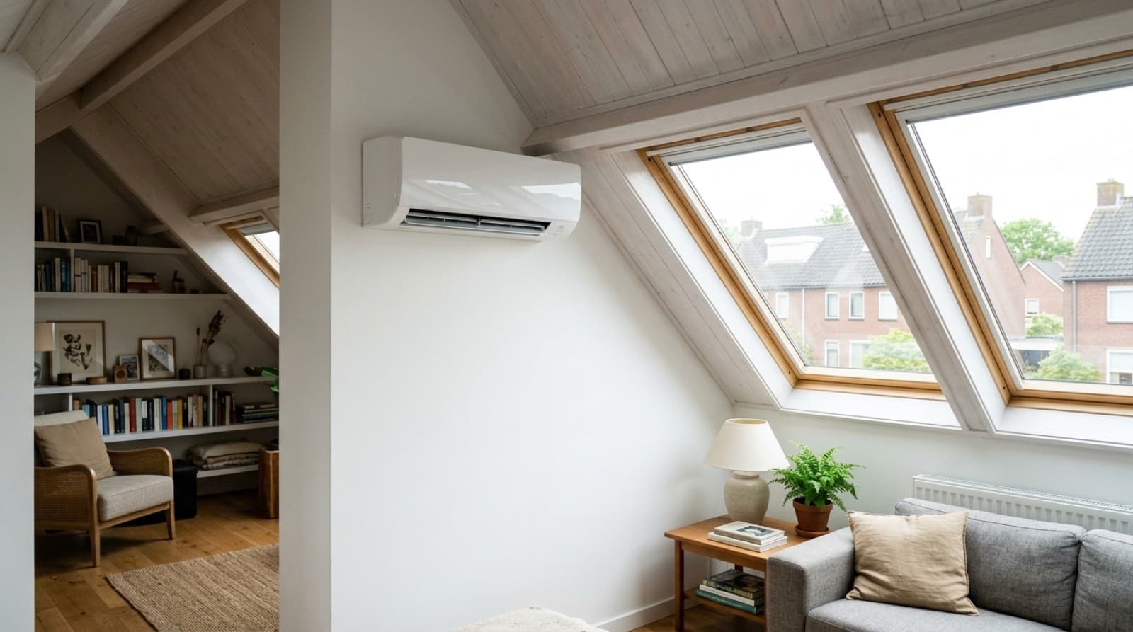 Split-airco op een ingerichte zolderkamer met dakramen