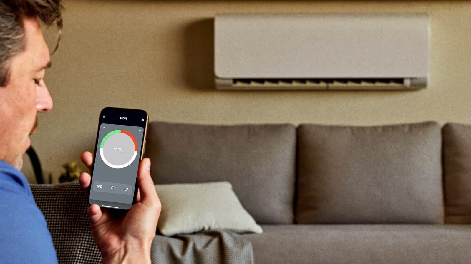 Man bedient zijn split-airco met een app op zijn telefoon vanaf de bank