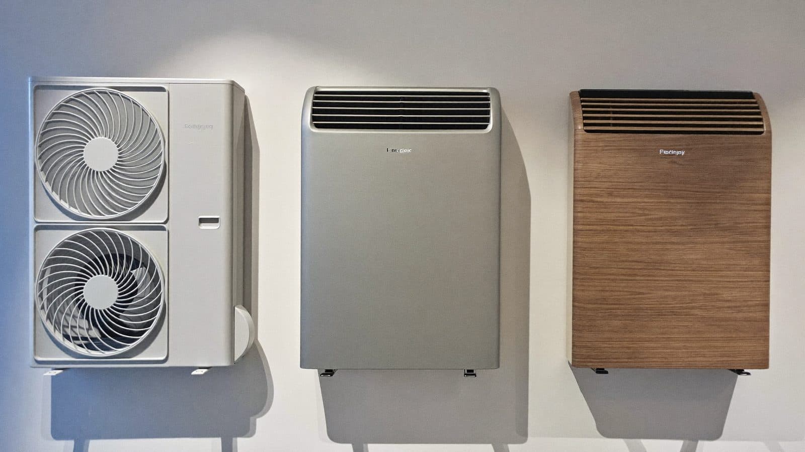 Drie design binnenunits van split-airco's naast elkaar aan een lichte showroomwand