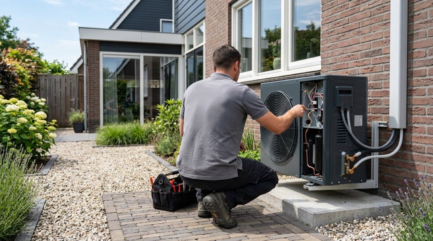 Servicemonteur voert onderhoud uit aan een airco-buitenunit