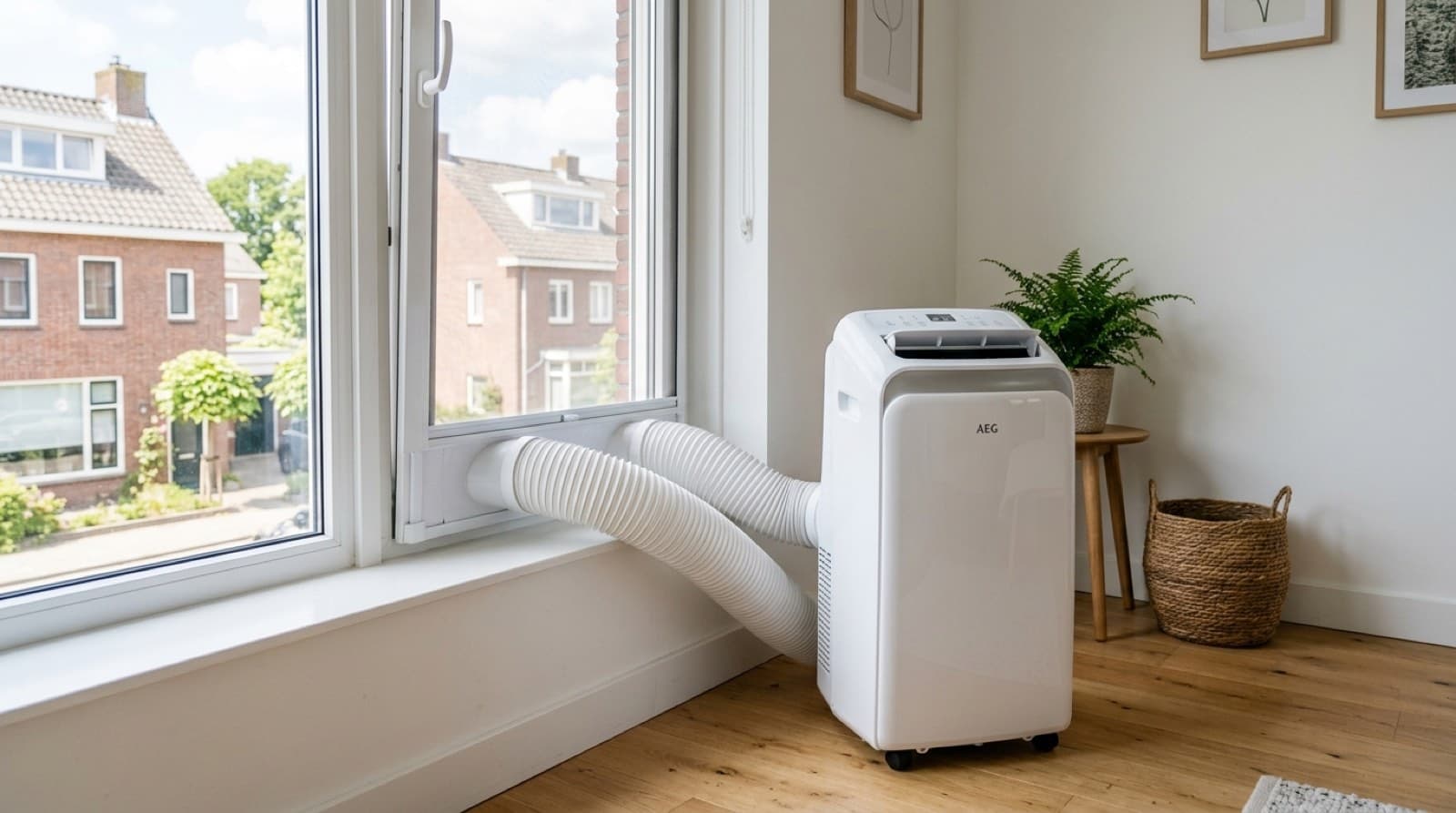 Mobiele airco met afvoerslang bij een raam