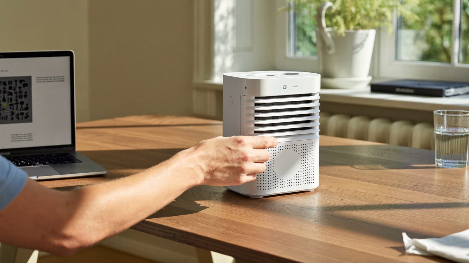 Kleine desktop mini airco op een bureau in een lichte Nederlandse thuiswerkkamer
