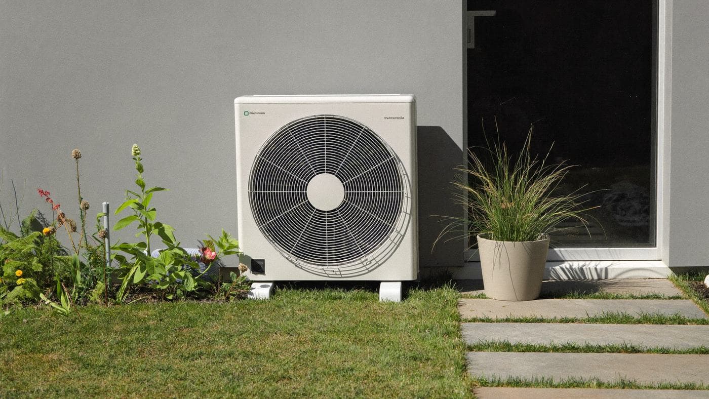 Compacte warmtepomp-buitenunit aan de achtergevel van een Nederlandse woning in de ochtendzon
