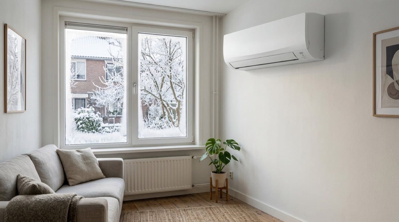 Split-airco in een Nederlandse woonkamer op een koude winterdag