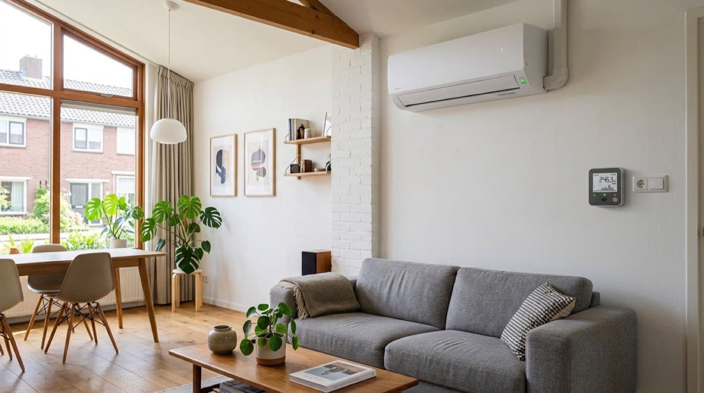 Split-airco en een slimme energiemeter in een moderne woning