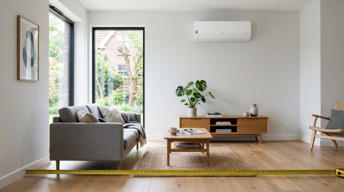Woonkamer met maatvoering voor het bepalen van het airco-vermogen