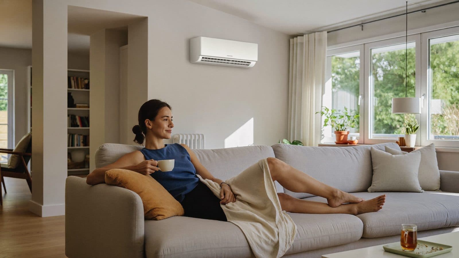 Vrouw ontspant met een kop thee op de bank onder een split-airco in een Nederlandse woonkamer