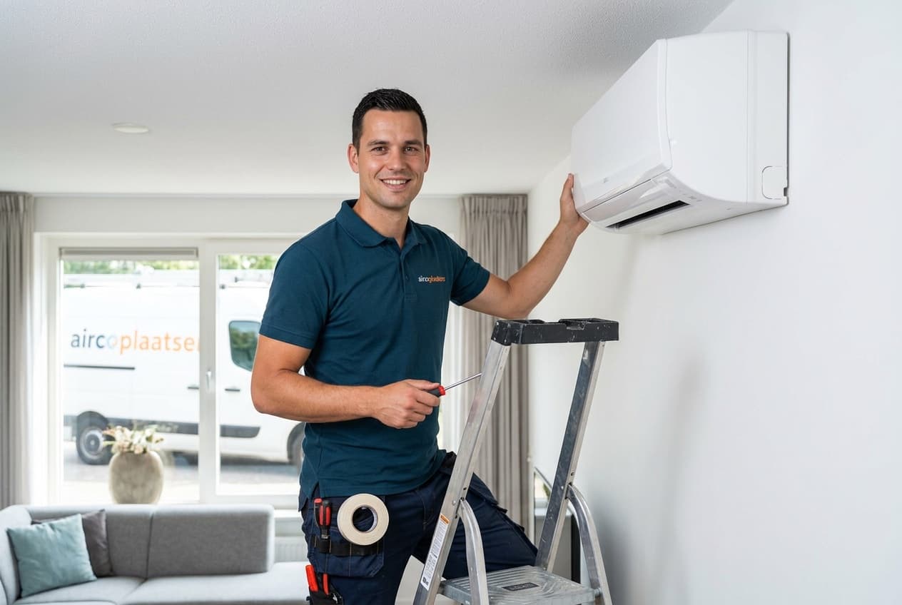 Monteur Tom van Aircoplaatsers werkt een split-airco netjes af in een woning