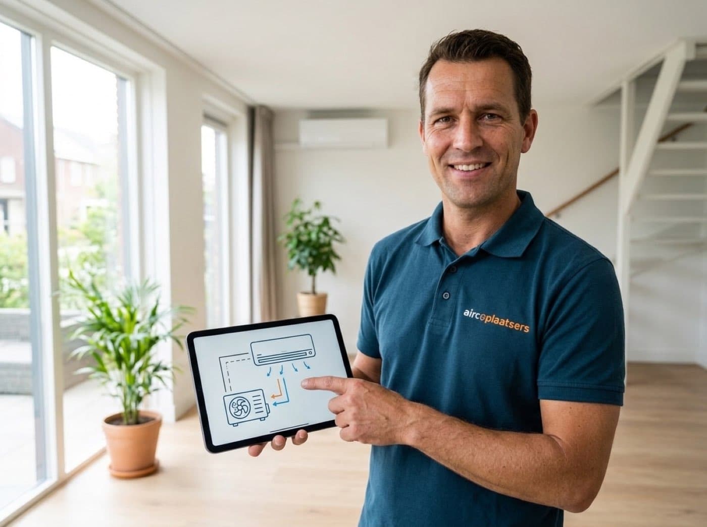 Eigenaar Bas van Aircoplaatsers legt de werking van een airco uit op een tablet
