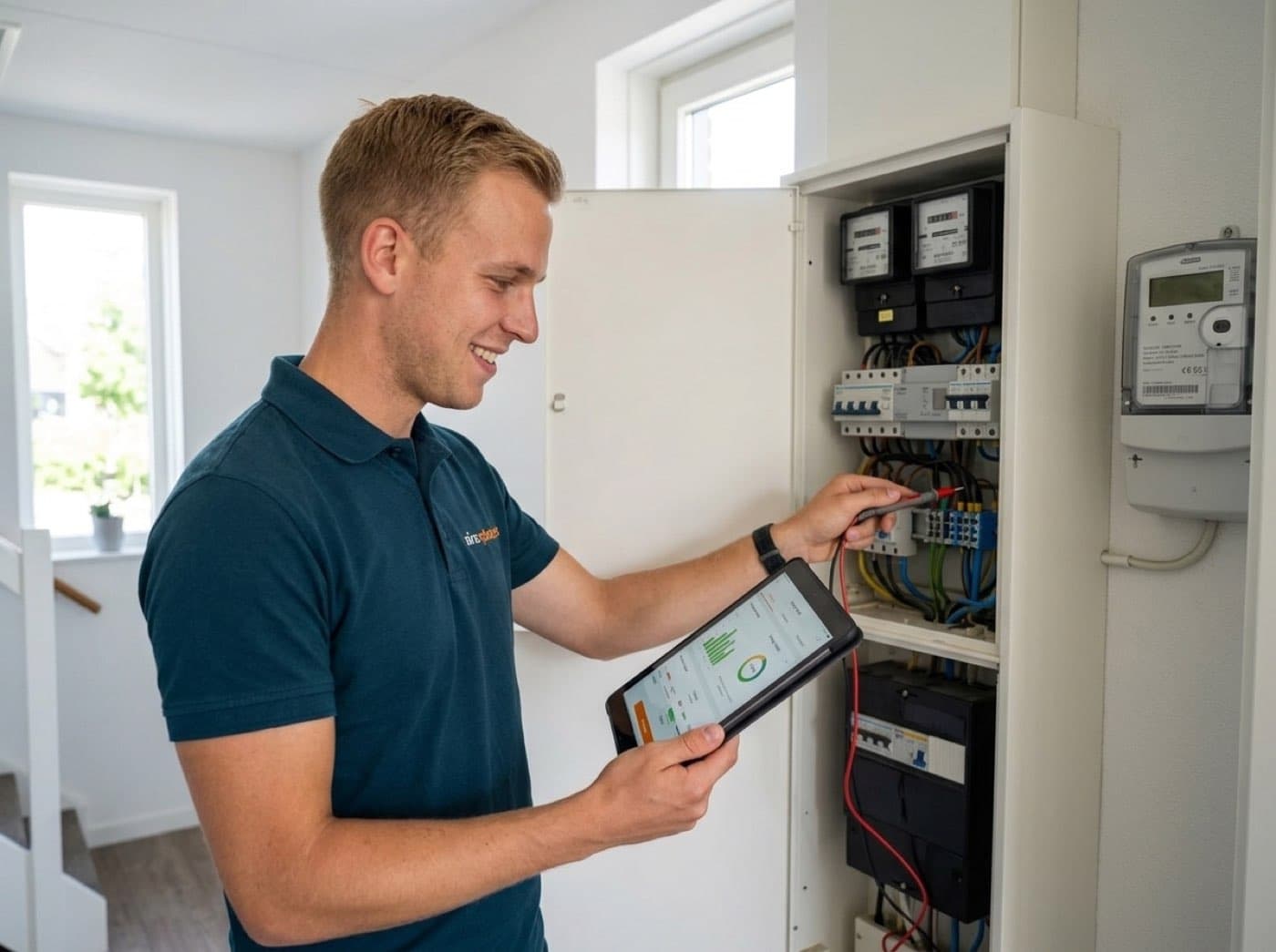 Monteur Daan van Aircoplaatsers controleert het energieverbruik bij de meterkast