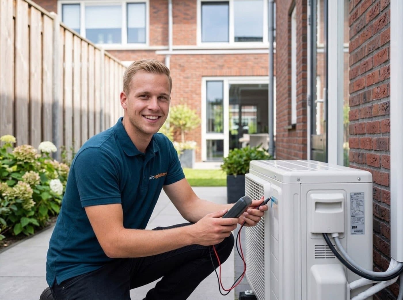 Monteur Daan van Aircoplaatsers controleert het geluid van een buitenunit bij de erfgrens
