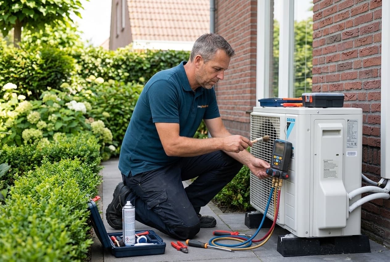 Servicemonteur Jeroen van Aircoplaatsers verhelpt een storing aan een airco buitenunit