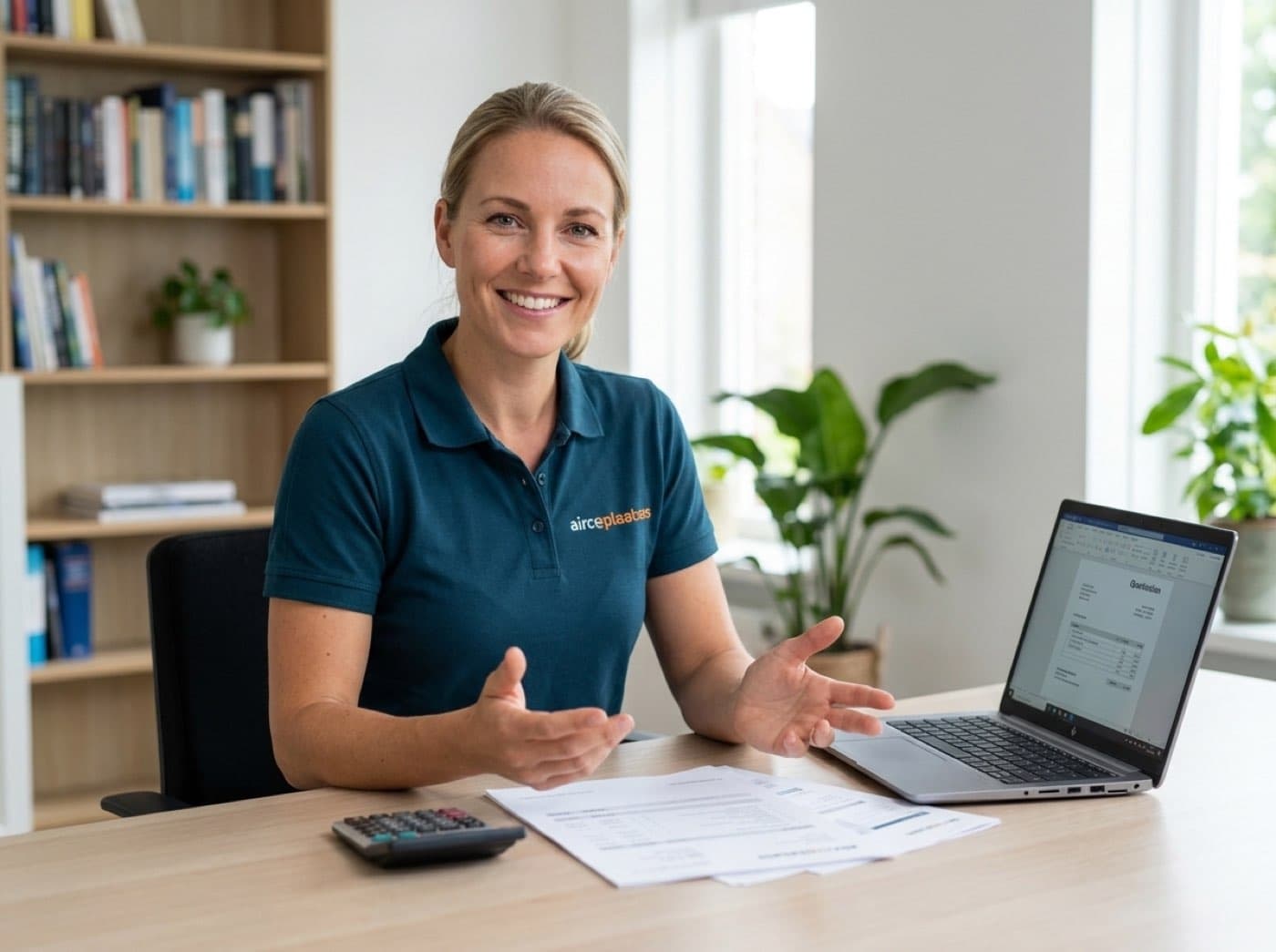 Sanne van Aircoplaatsers rekent aan haar bureau het kostenplaatje van een airco door