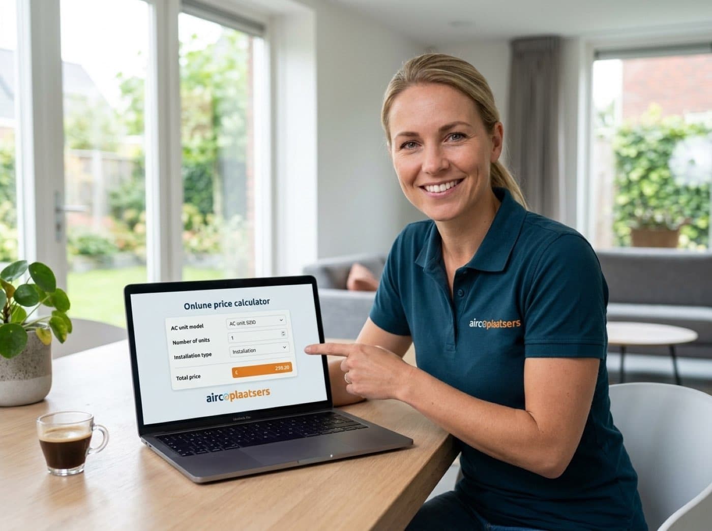 Sanne van Aircoplaatsers toont de gratis rekentools op een laptop