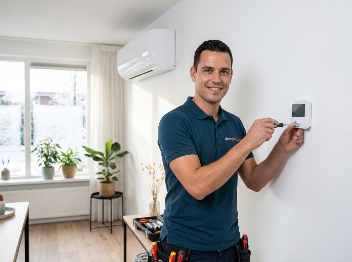 Monteur Tom van Aircoplaatsers stelt een airco zuinig in via de thermostaat